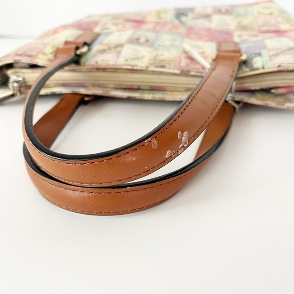 Vintage Fossil Small Leather Tote Soap Labels Print Double Strap Zip Pockets - Picture 9 of 14